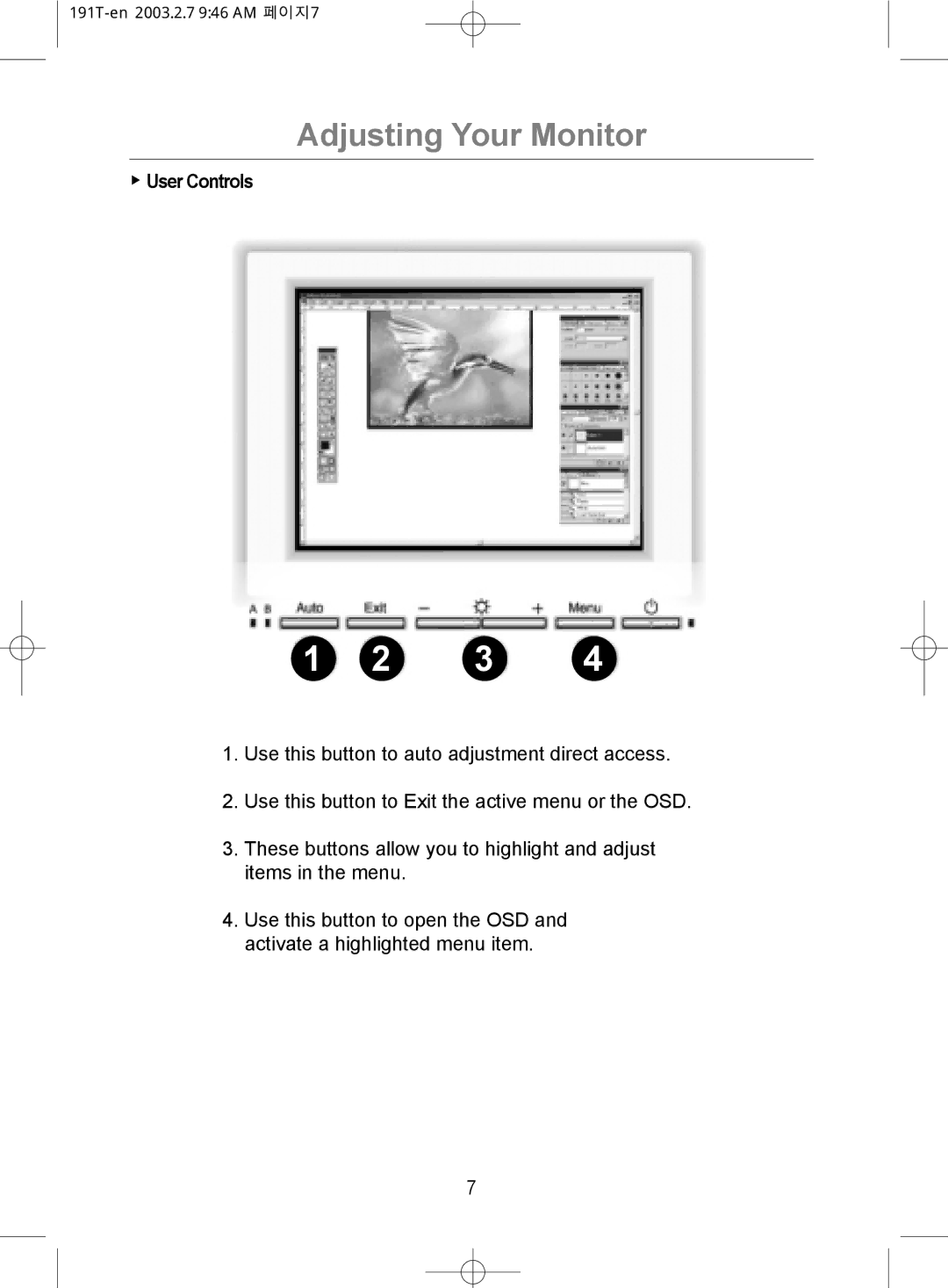 Samsung GH19BSASV/VNT, GH19BSAS/VNT manual Adjusting Your Monitor, User Controls 