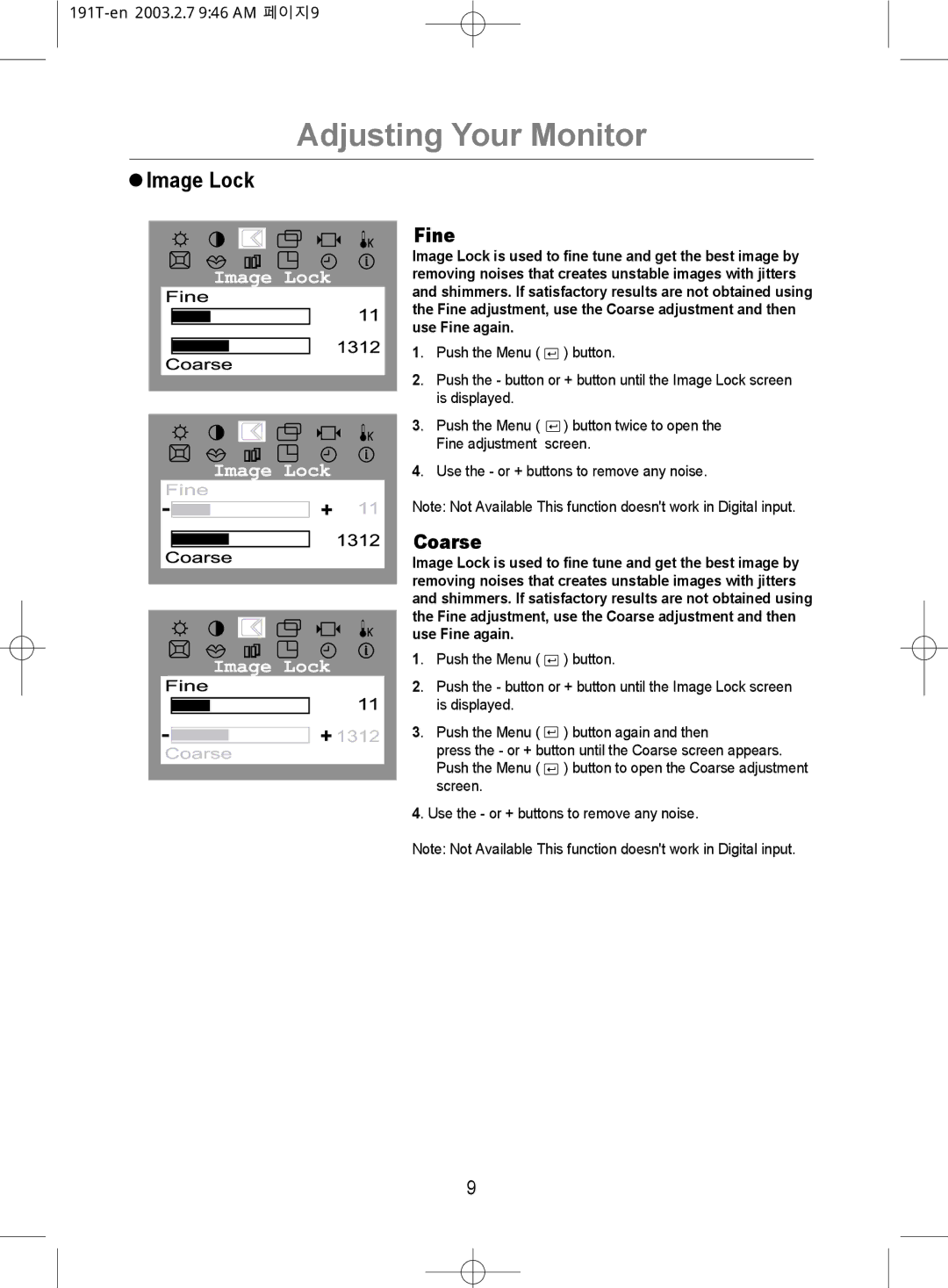 Samsung GH19BSASV/VNT, GH19BSAS/VNT manual Image Lock, Fine, Coarse 