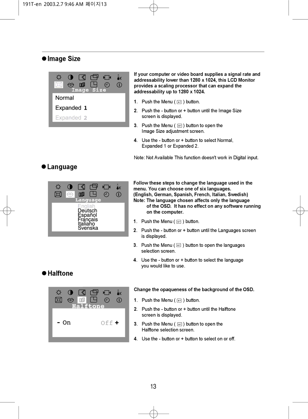 Samsung GH19BSASV/VNT, GH19BSAS/VNT manual Image Size, Language, Halftone 