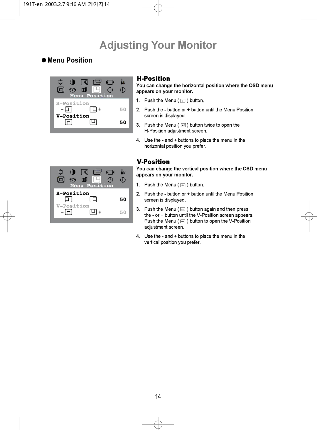 Samsung GH19BSAS/VNT, GH19BSASV/VNT manual Menu Position 