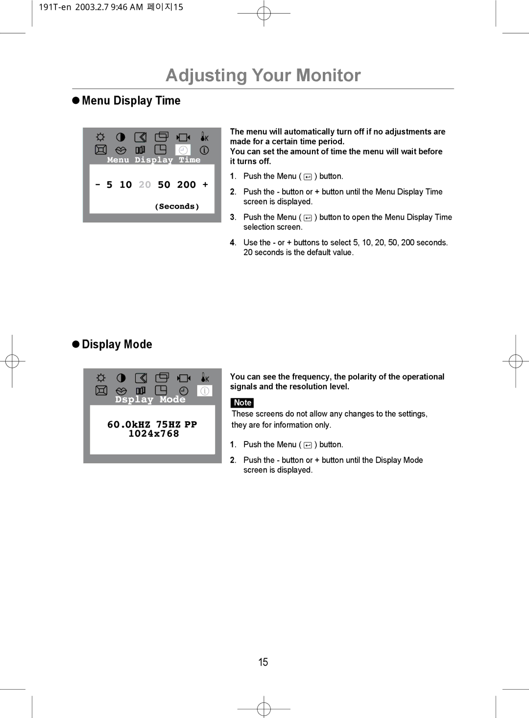 Samsung GH19BSASV/VNT, GH19BSAS/VNT manual Menu Display Time, Display Mode 