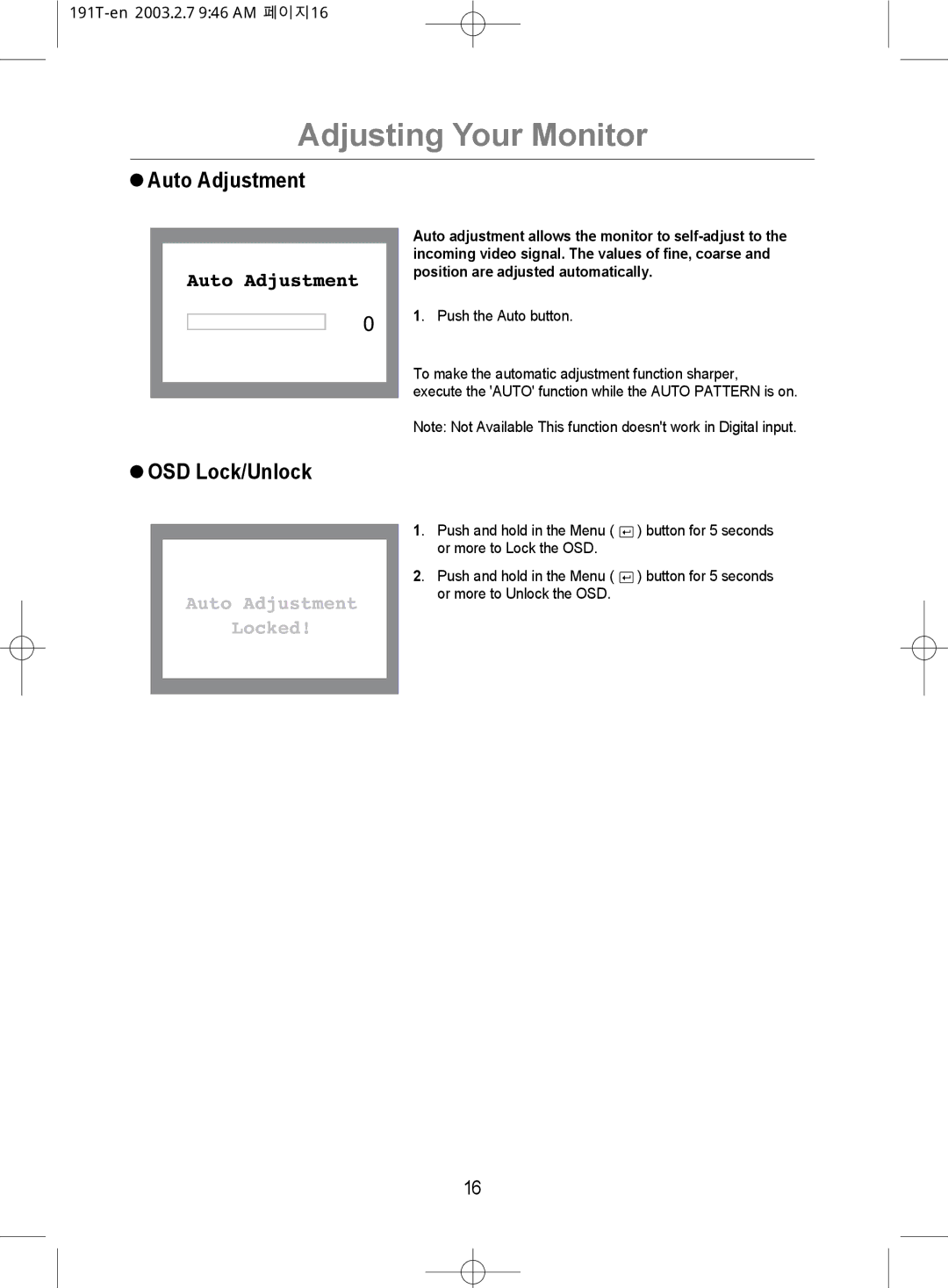 Samsung GH19BSAS/VNT, GH19BSASV/VNT manual Auto Adjustment, OSD Lock/Unlock 