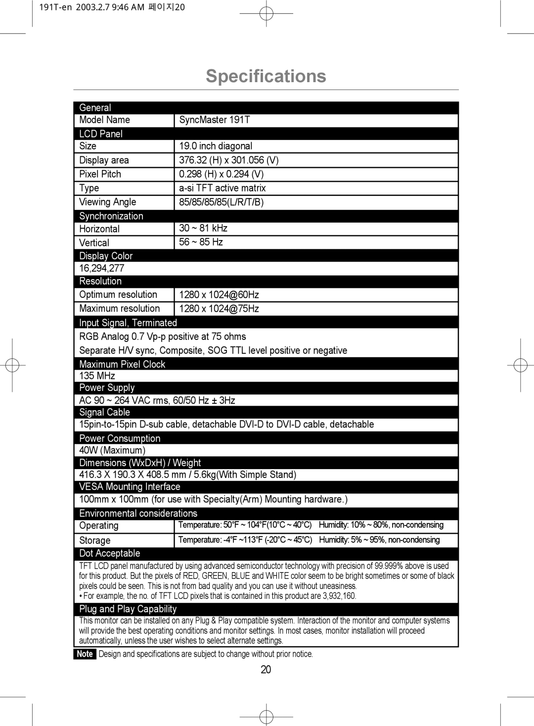 Samsung GH19BSAS/VNT, GH19BSASV/VNT manual Specifications, Synchronization 