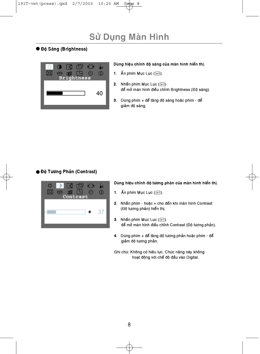 Samsung GH19BSAS/VNT, GH19BSASV/VNT manual Ñoä Saùng Brightness, Ñoä Töông Phaûn Contrast 