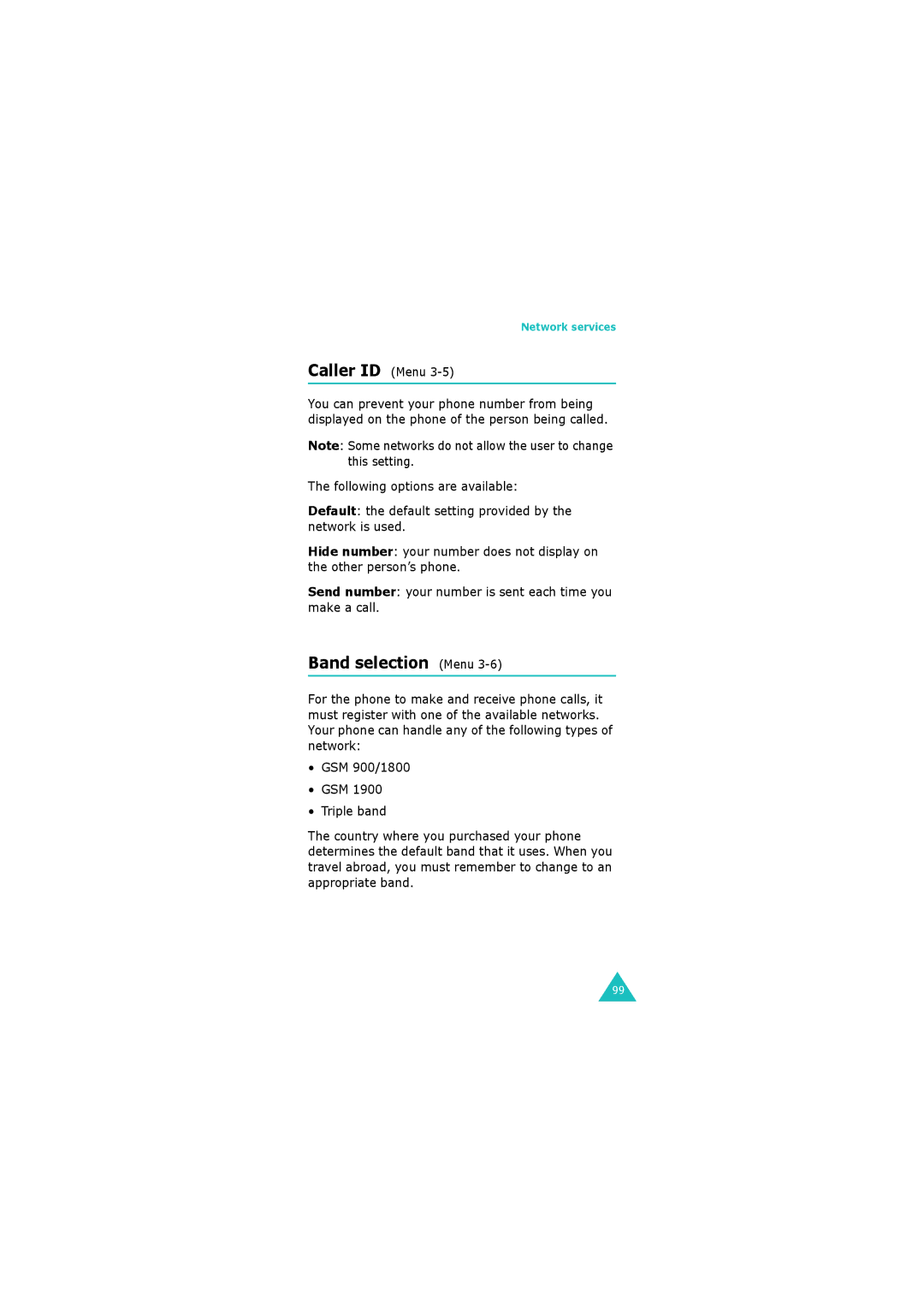 Samsung GH68-06534A manual Caller ID Menu, Band selection Menu 