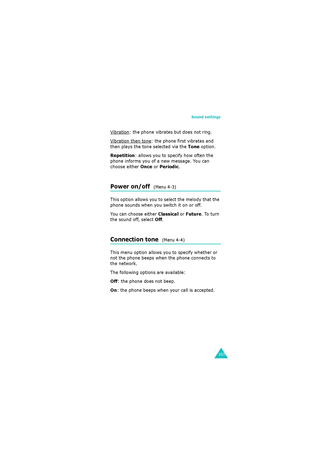 Samsung GH68-06534A manual Power on/off Menu, Connection tone Menu, On the phone beeps when your call is accepted 