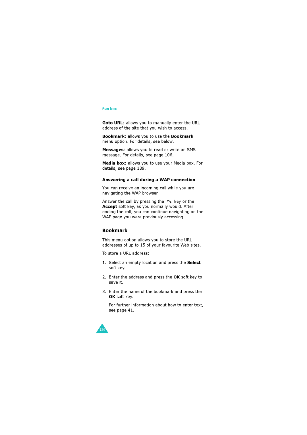 Samsung GH68-06534A manual Bookmark, Answering a call during a WAP connection 