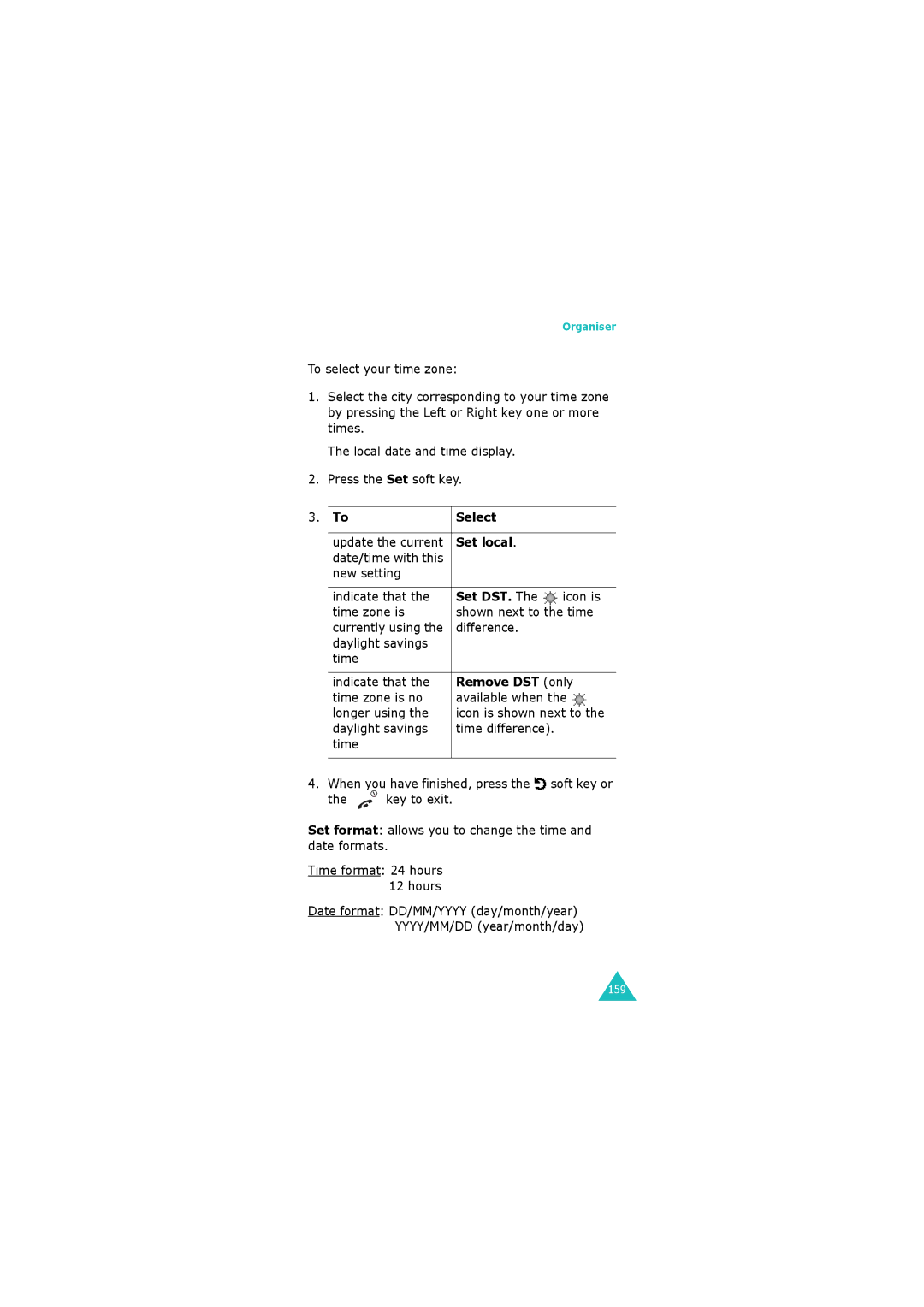 Samsung GH68-06534A manual Select, Set local, Set DST, Remove DST only 