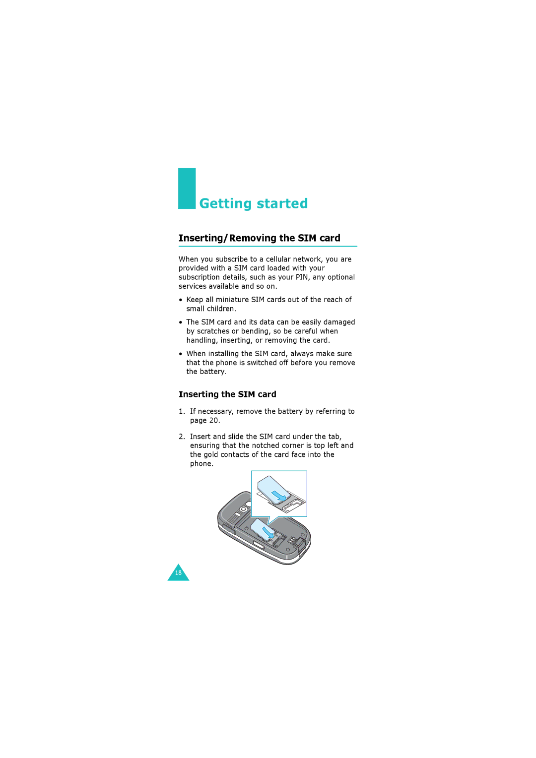 Samsung GH68-06534A manual Getting started, Inserting/Removing the SIM card, Inserting the SIM card 