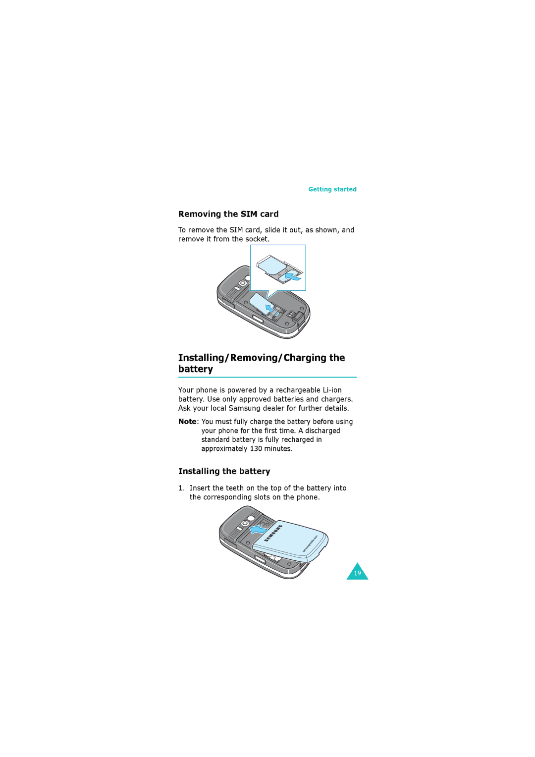 Samsung GH68-06534A manual Installing/Removing/Charging the battery, Removing the SIM card, Installing the battery 