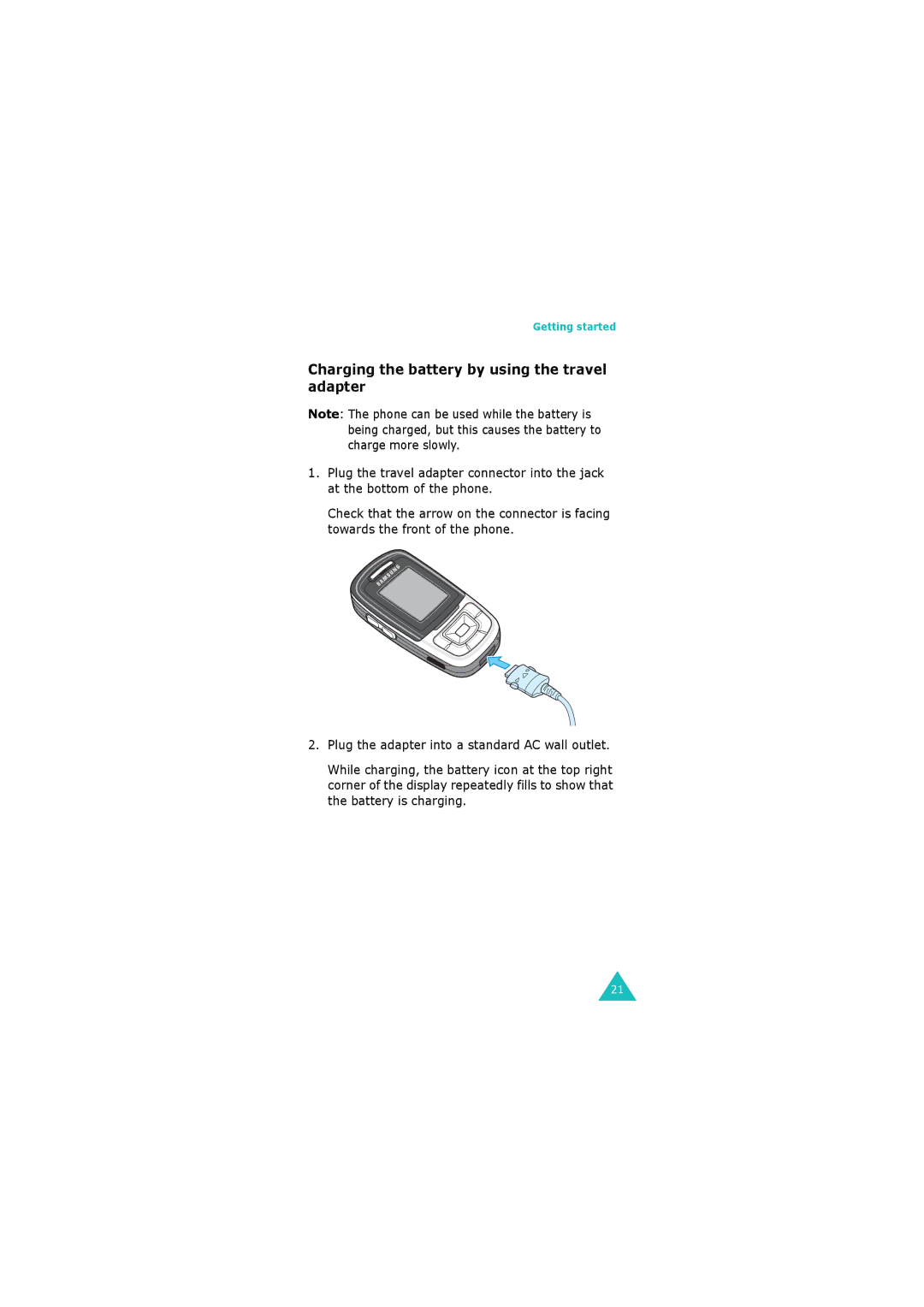 Samsung GH68-06534A manual Charging the battery by using the travel adapter 