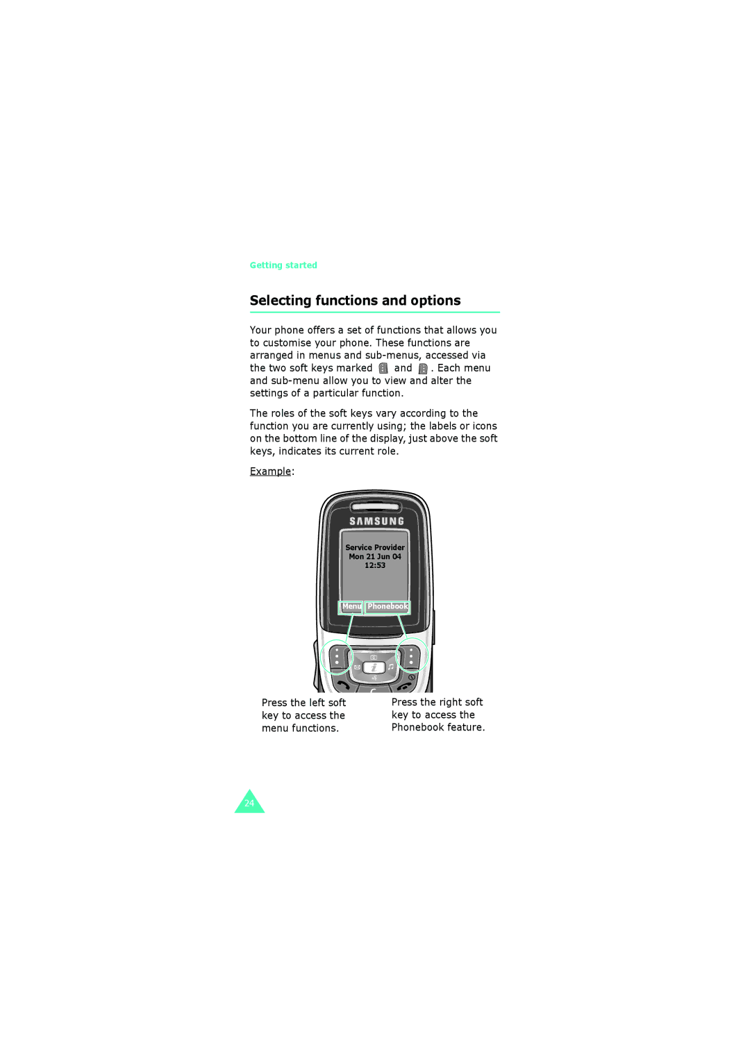 Samsung GH68-06534A manual Selecting functions and options, Example 