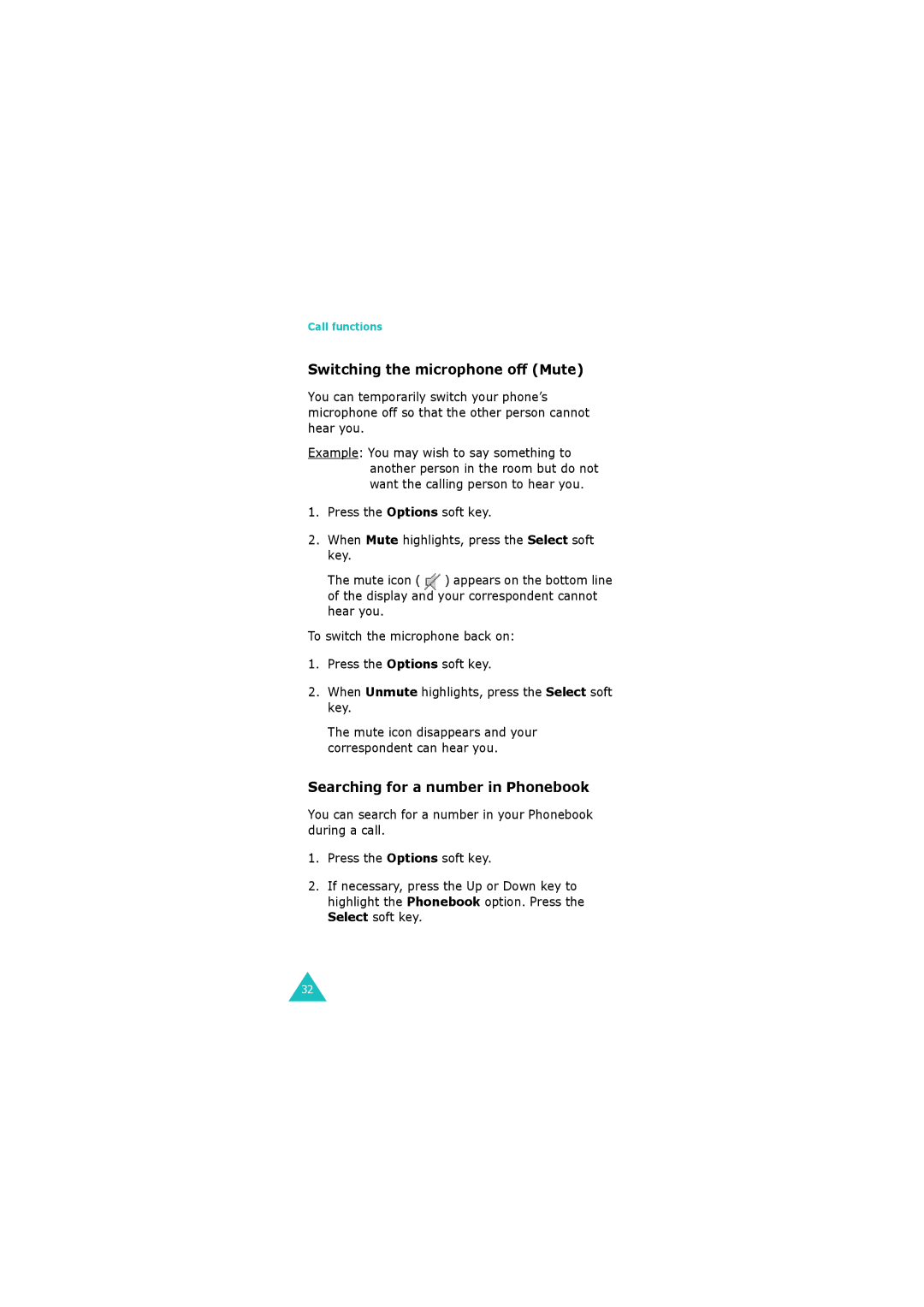 Samsung GH68-06534A manual Switching the microphone off Mute, Searching for a number in Phonebook 