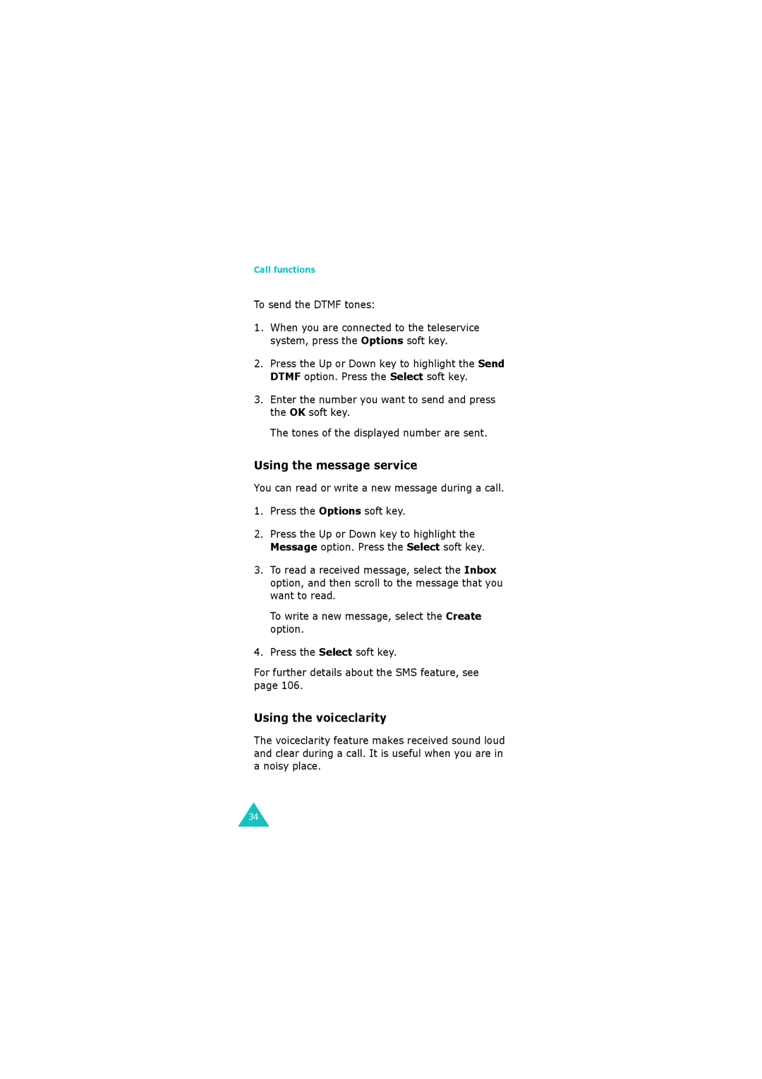 Samsung GH68-06534A manual Using the message service, Using the voiceclarity, To send the Dtmf tones 