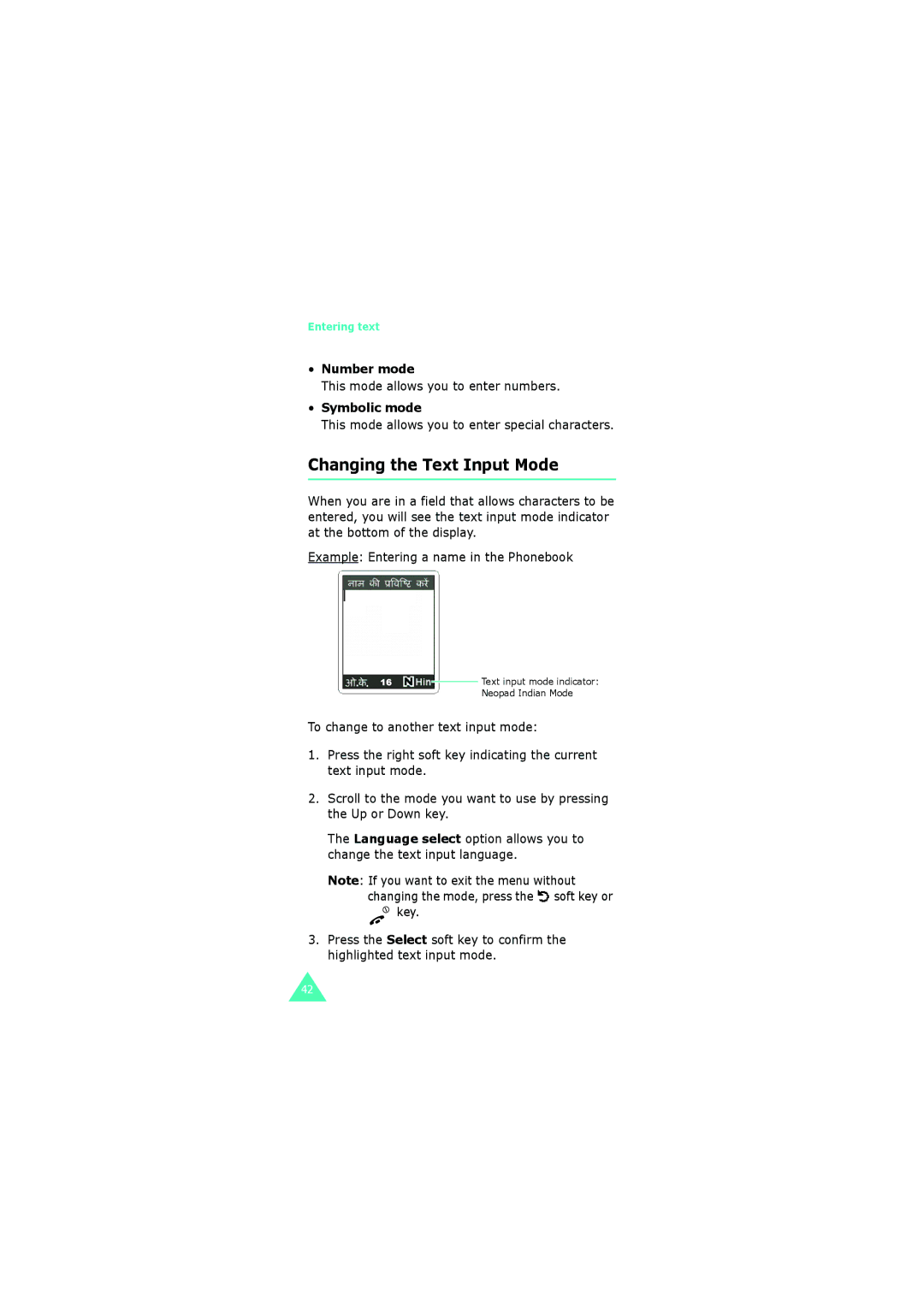 Samsung GH68-06534A manual Changing the Text Input Mode, Number mode, This mode allows you to enter numbers, Symbolic mode 