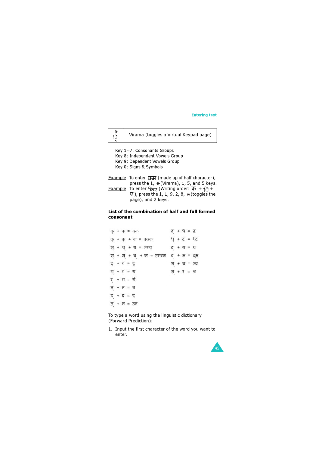 Samsung GH68-06534A manual Page, and 2 keys, List of the combination of half and full formed consonant 