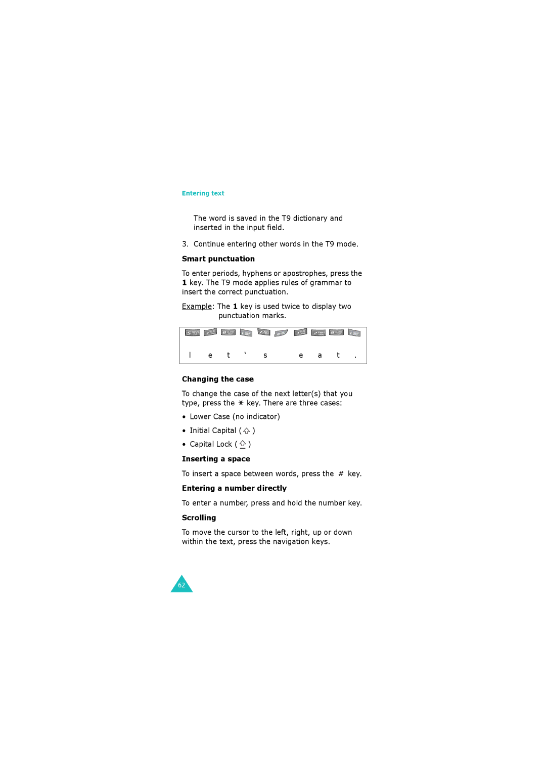 Samsung GH68-06534A manual Smart punctuation, Changing the case, Lower Case no indicator Initial Capital Capital Lock 