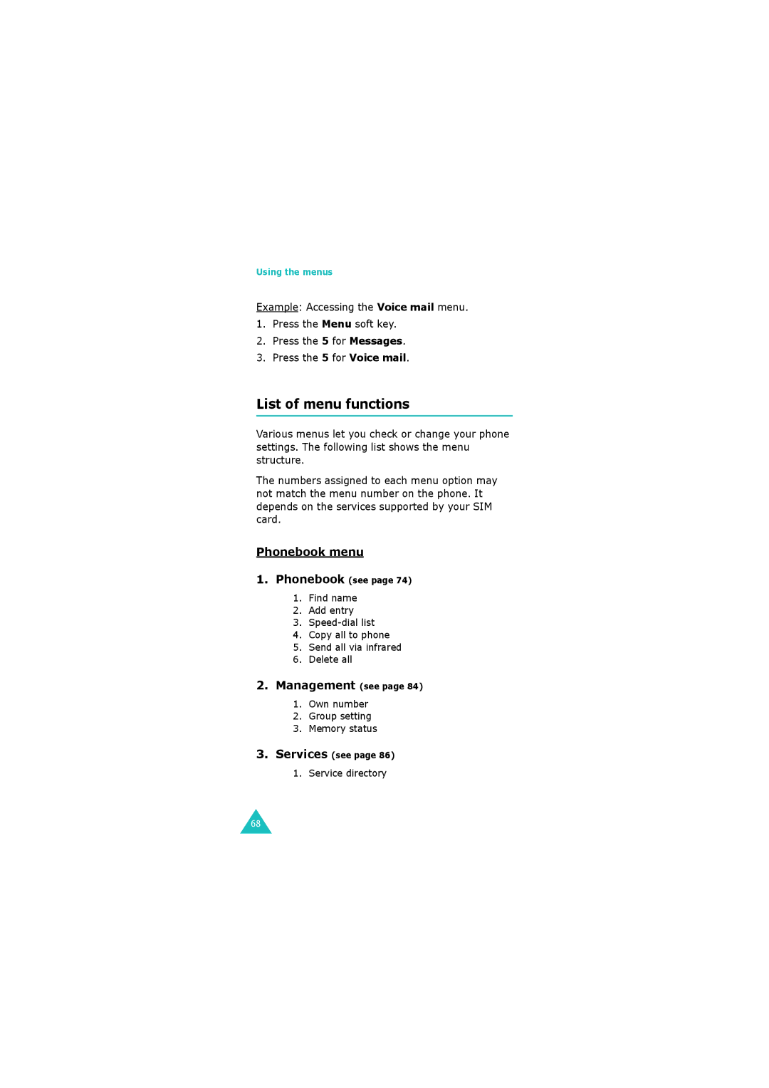 Samsung GH68-06534A manual List of menu functions, Phonebook menu 