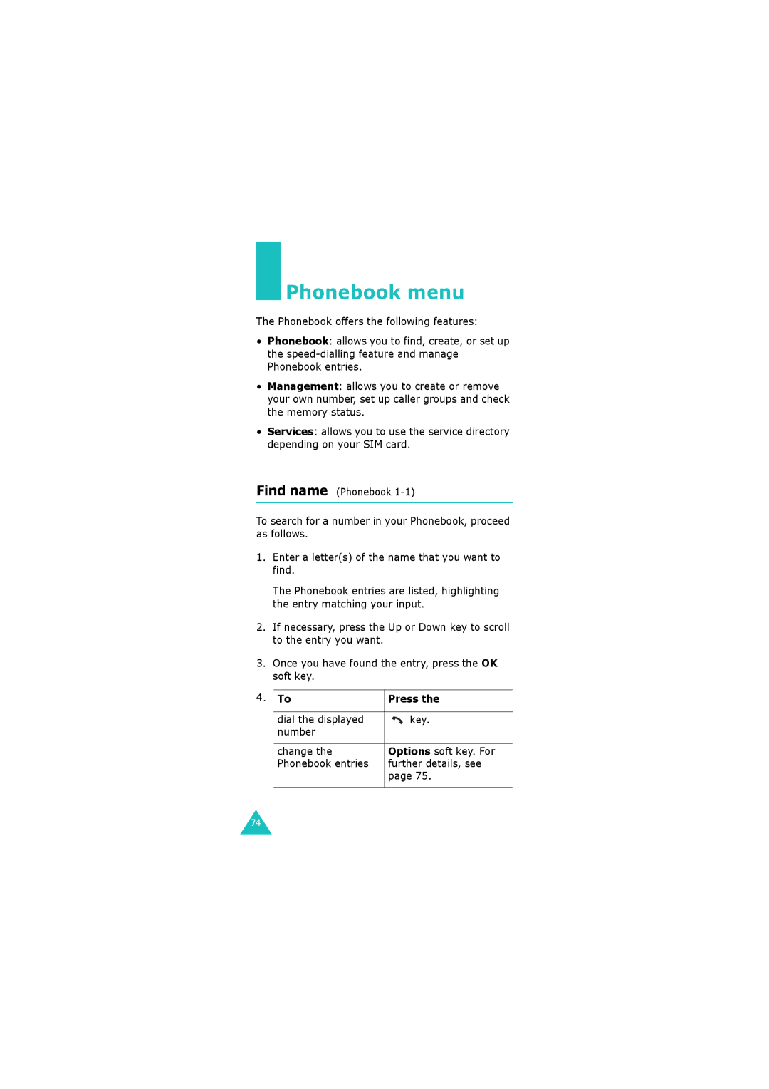 Samsung GH68-06534A manual Phonebook menu, Dial the displayed 