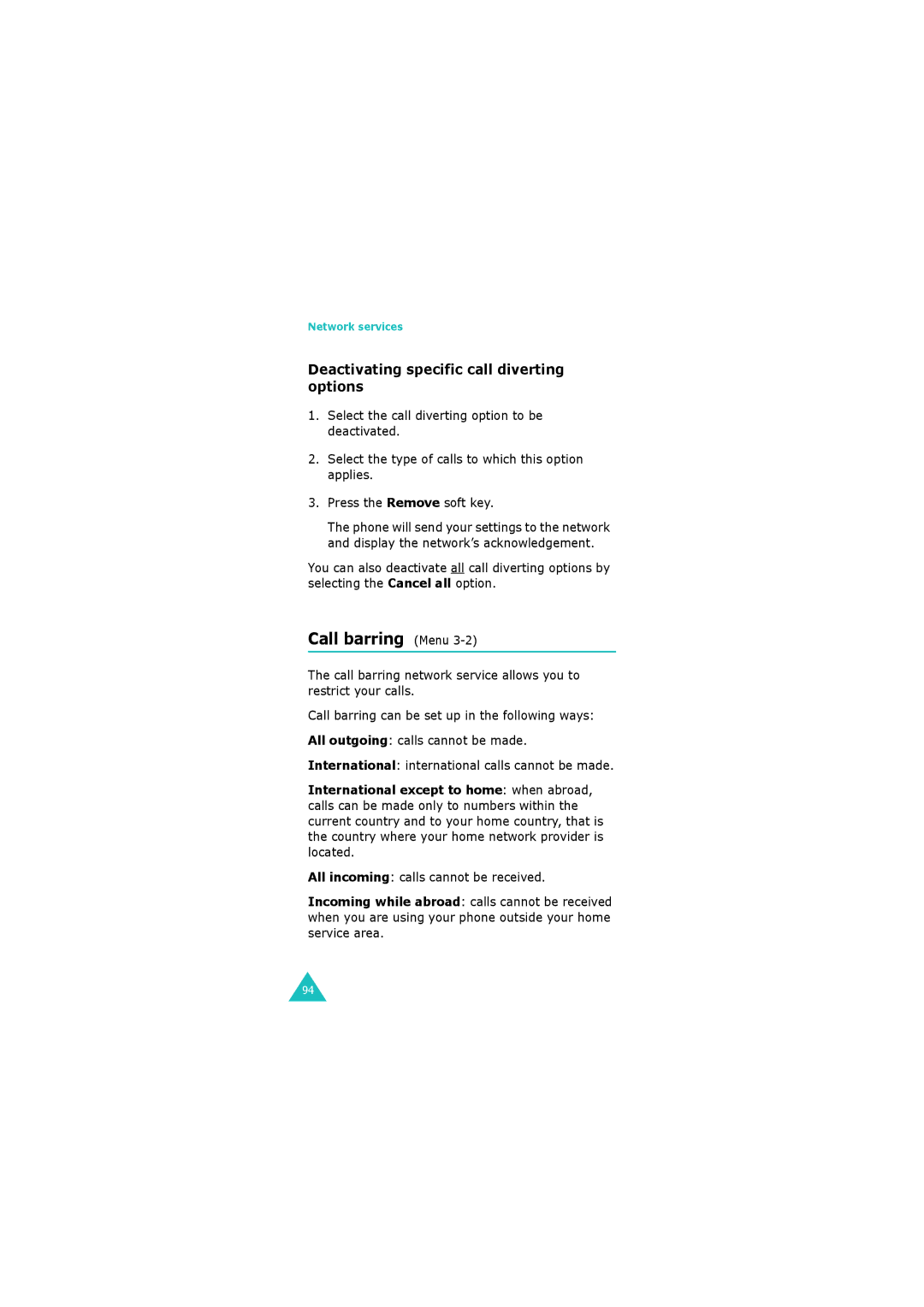 Samsung GH68-06534A Call barring Menu, Deactivating specific call diverting options, All incoming calls cannot be received 