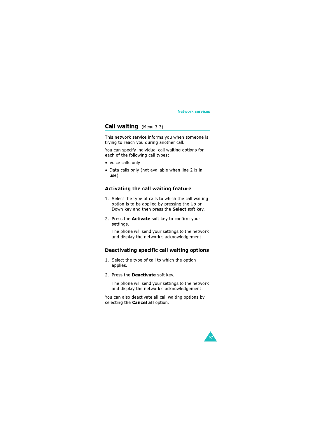 Samsung GH68-06534A Call waiting Menu, Activating the call waiting feature, Deactivating specific call waiting options 