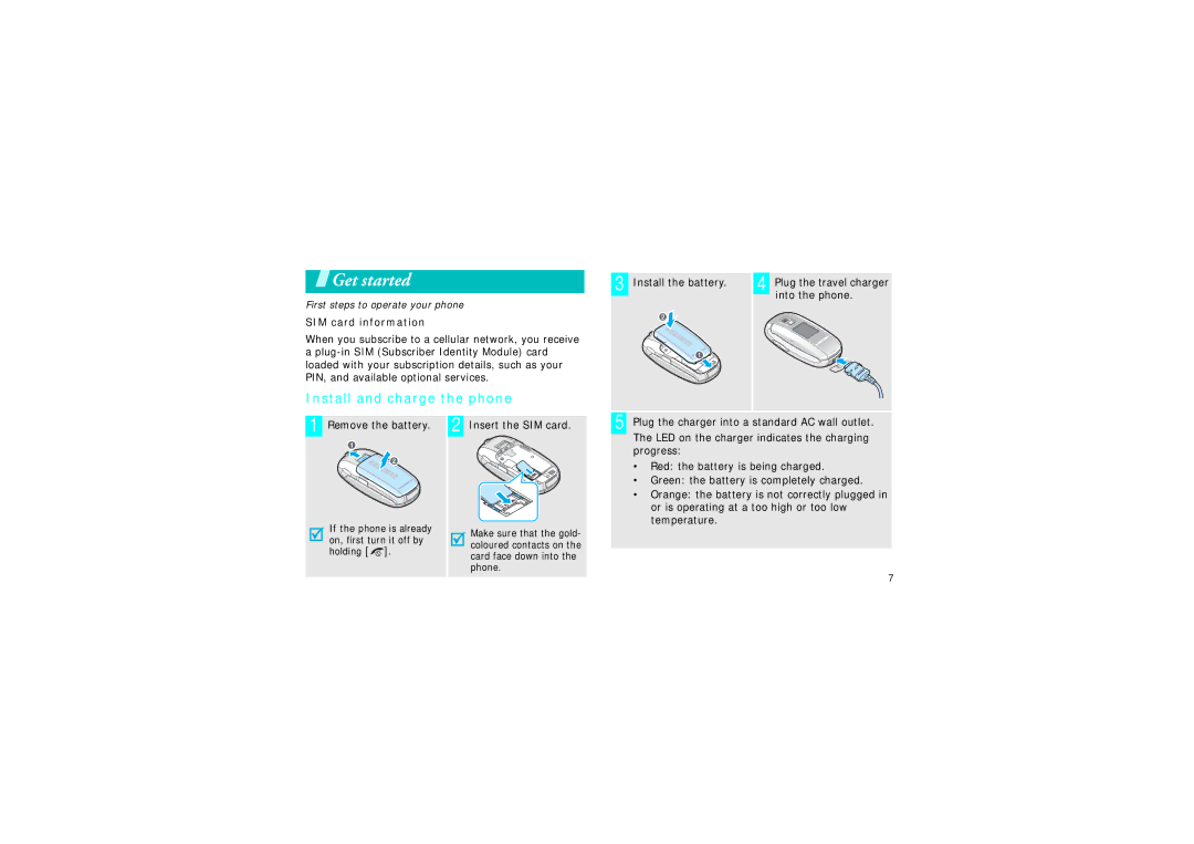 Samsung GH68-06997A manual Get started, Install and charge the phone, SIM card information, Remove the battery 