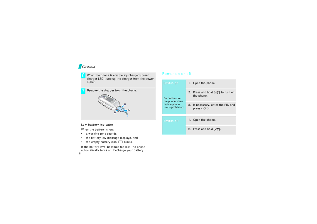 Samsung GH68-06997A manual Power on or off, Outlet Remove the charger from the phone, Low battery indicator 