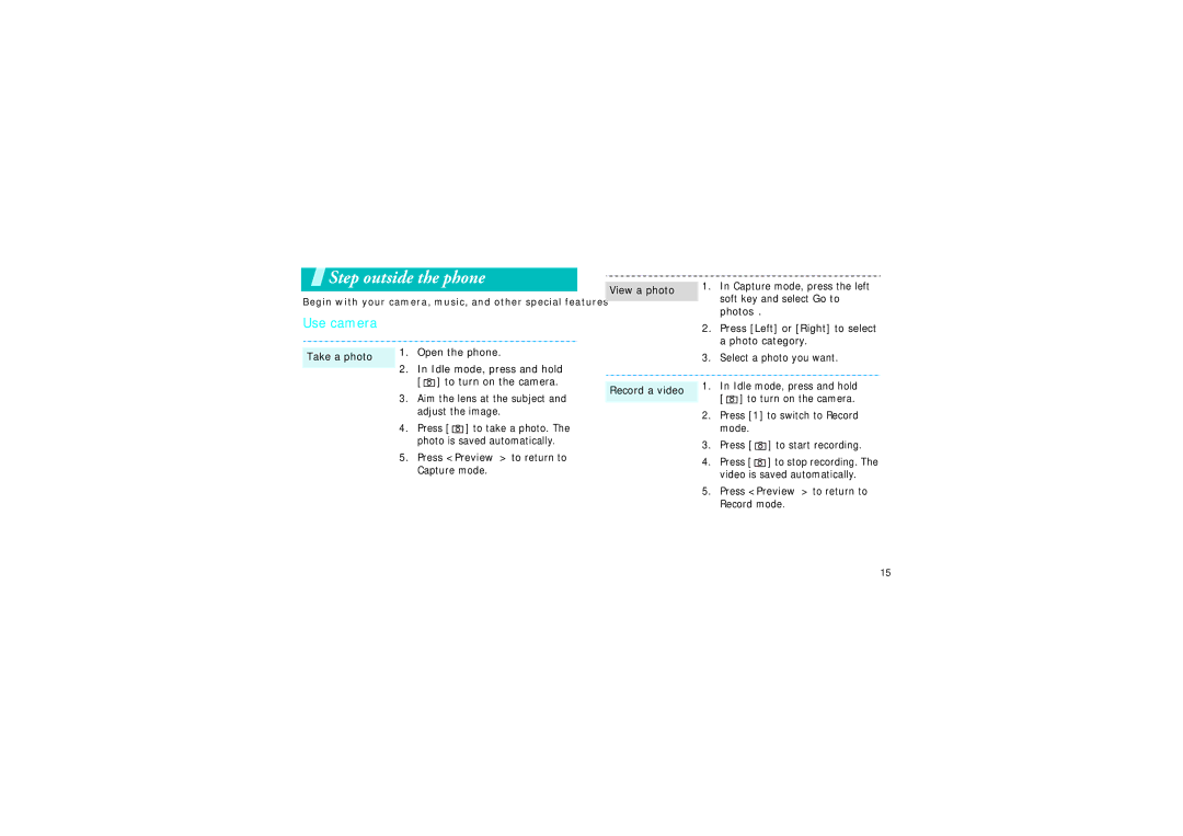 Samsung GH68-06997A manual Step outside the phone, Use camera 