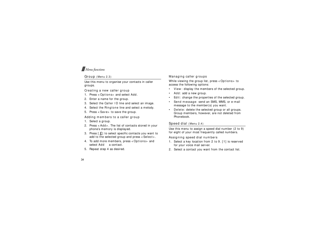 Samsung GH68-06997A Speed dial Menu, Creating a new caller group, Adding members to a caller group, Managing caller groups 