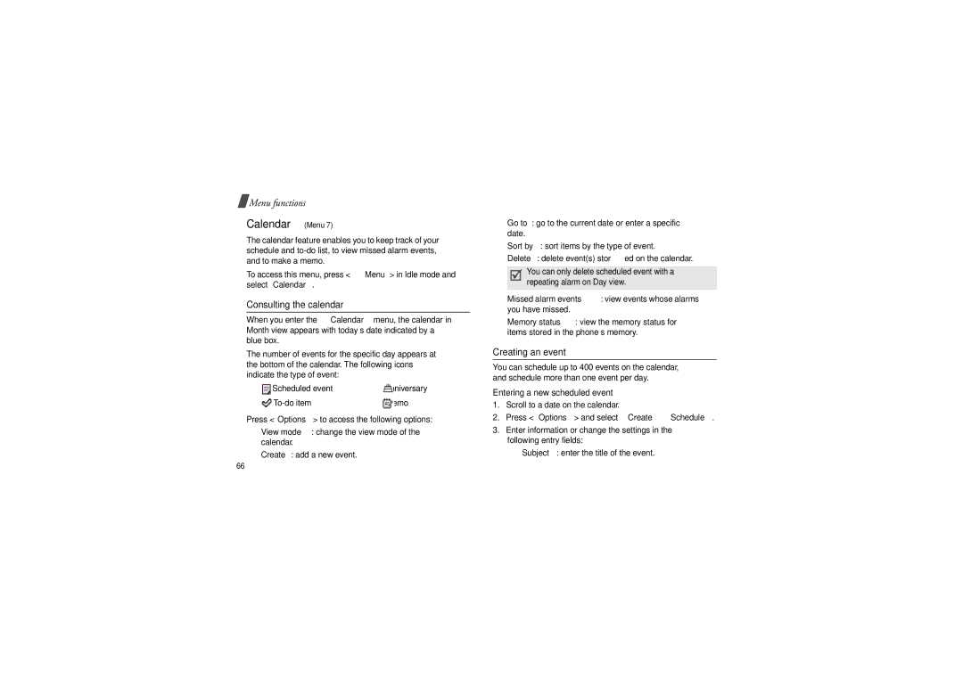 Samsung GH68-06997A manual Consulting the calendar, Creating an event, Entering a new scheduled event 