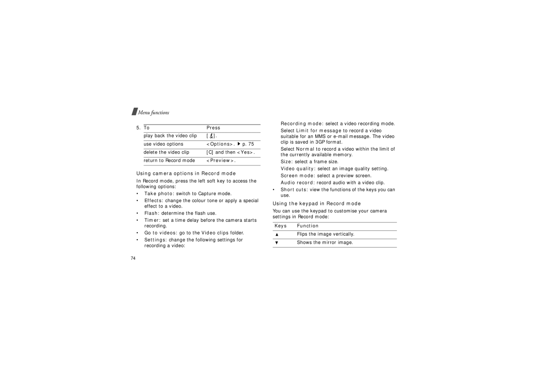 Samsung GH68-06997A manual Use video options Options. p Delete the video clip, Using camera options in Record mode 