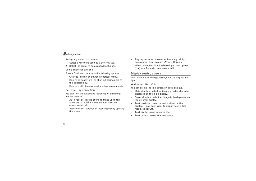 Samsung GH68-06997A manual Display settings Menu, Assigning a shortcut menu, Using shortcut options, Extra settings Menu 