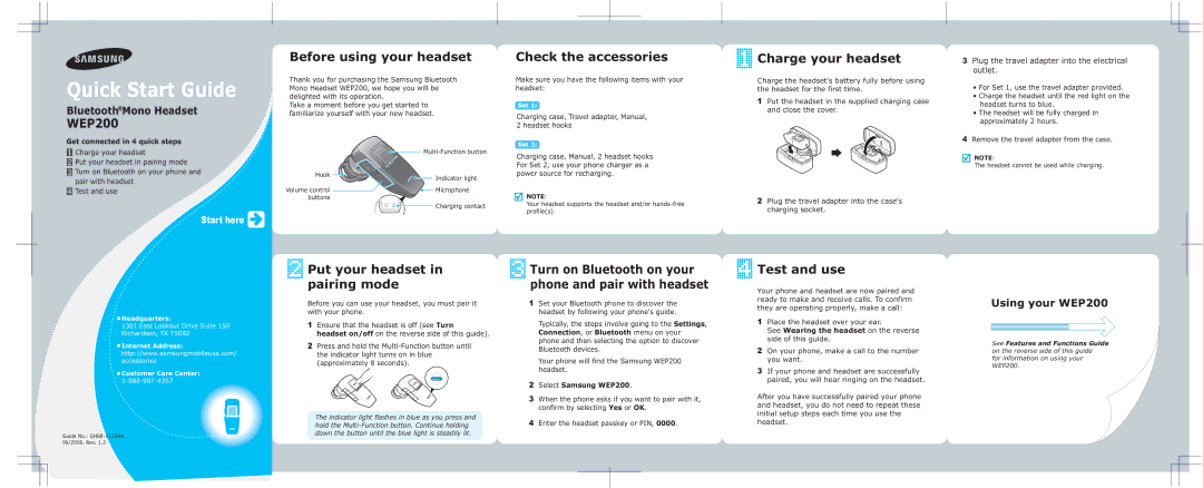 Samsung GH68-11254A quick start WEP200, Before using your headset, Check the accessories, Charge your headset 