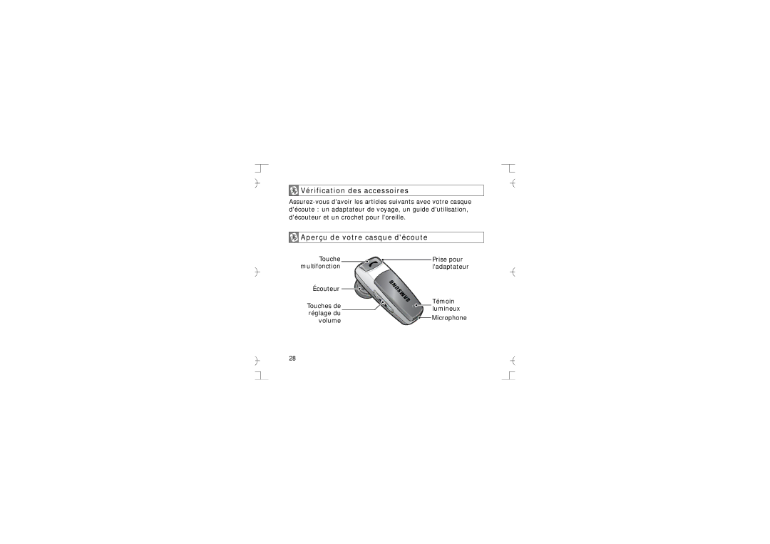 Samsung GH68-12074A manual Vérification des accessoires, Aperçu de votre casque découte 