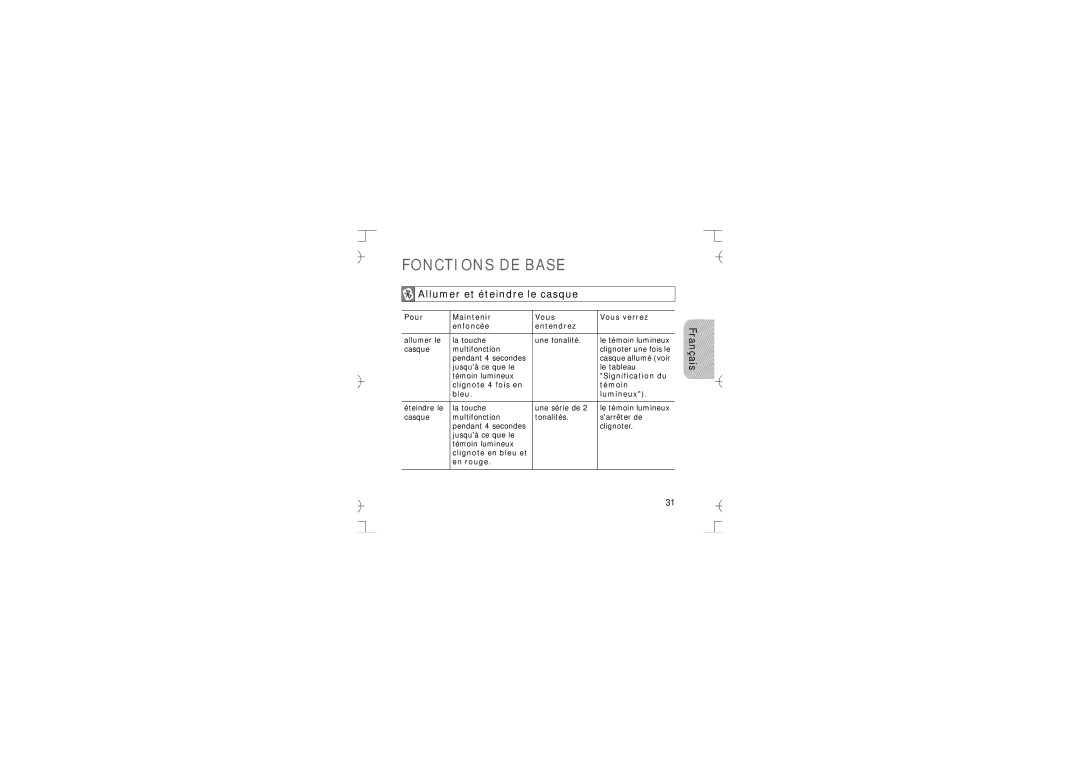 Samsung GH68-12074A Fonctions DE Base, Allumer et éteindre le casque, Pour Maintenir Vous Vous verrez Enfoncée Entendrez 