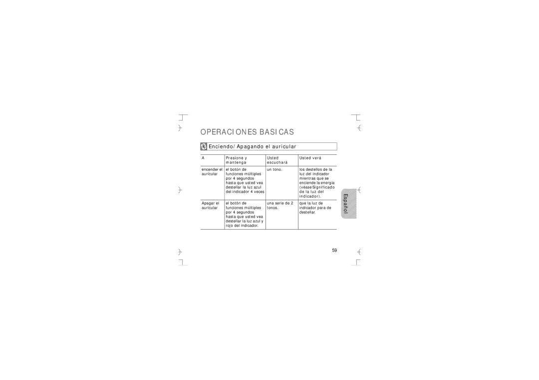 Samsung GH68-12074A manual Operaciones Basicas, Enciendo/Apagando el auricular, Español 