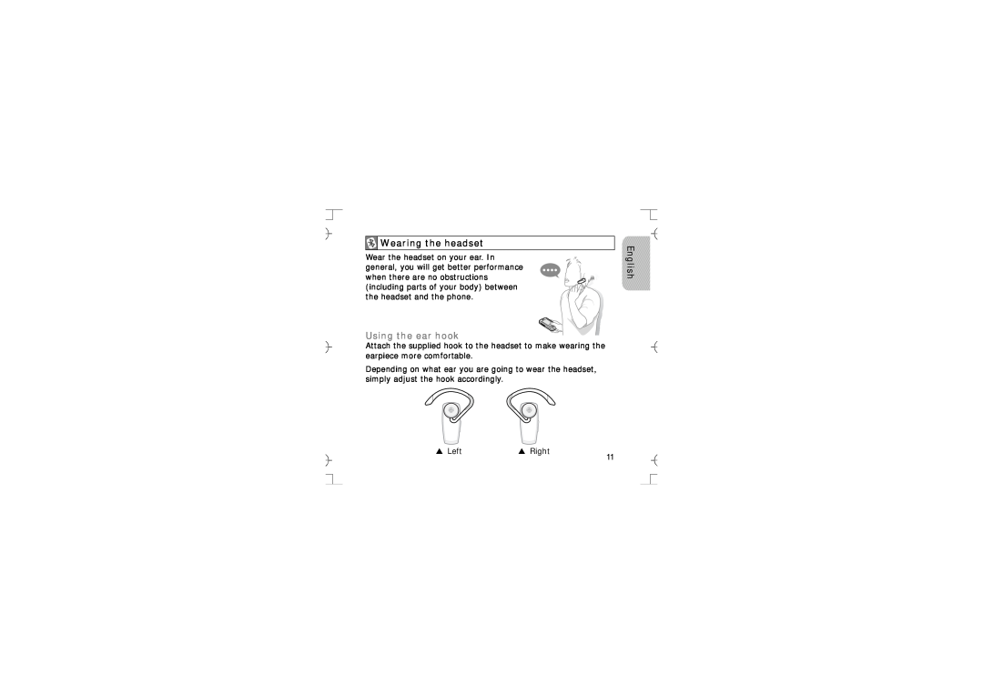 Samsung GH68-12074A manual Wearing the headset, Using the ear hook, English 
