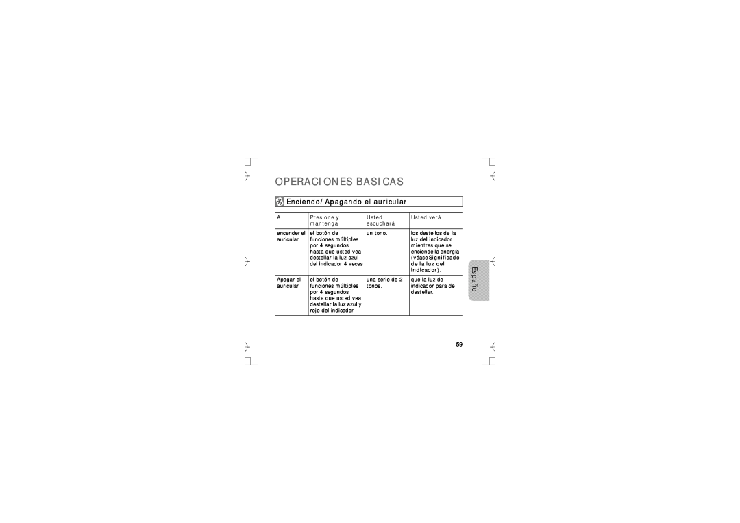 Samsung GH68-12074A manual Operaciones Basicas, Enciendo/Apagando el auricular, Español 