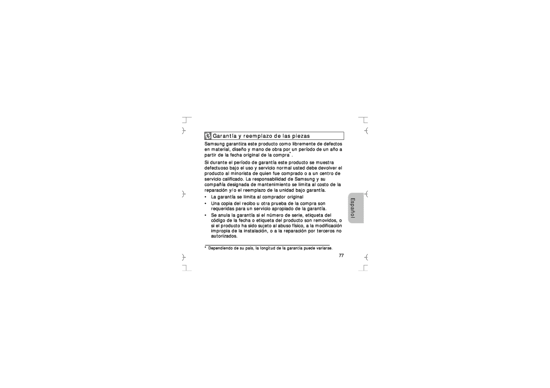 Samsung GH68-12074A manual Garantía y reemplazo de las piezas, Español, La garantía se limita al comprador original 