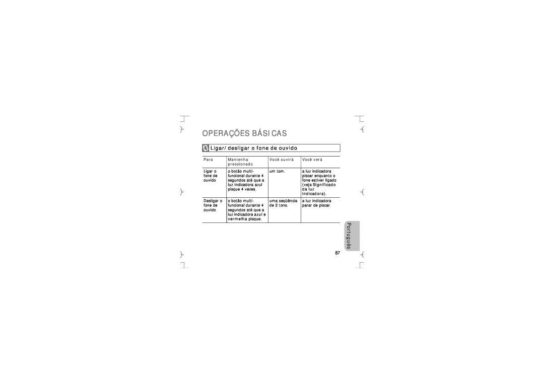 Samsung GH68-12074A manual Operações Básicas, Ligar/desligar o fone de ouvido, Português 