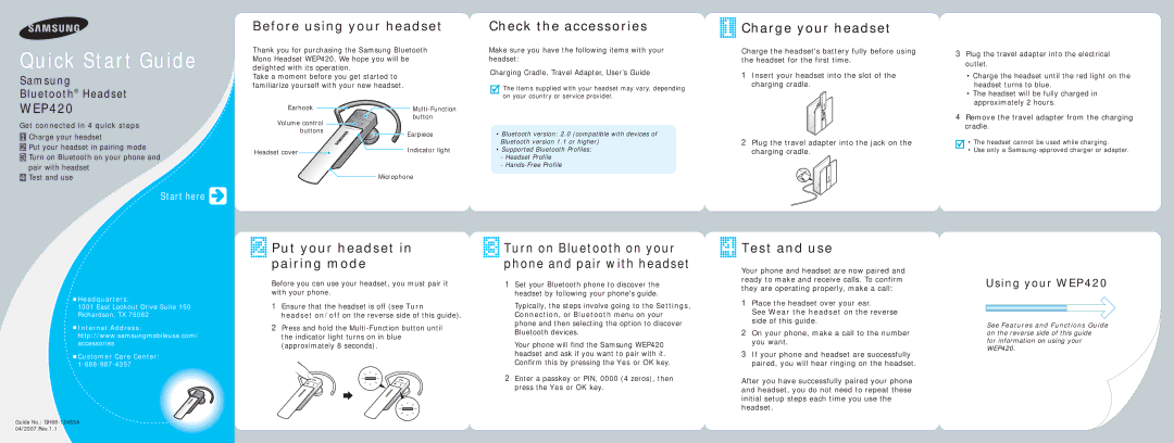 Samsung GH68-12483A quick start Before using your headset, Check the accessories, Charge your headset, Test and use 