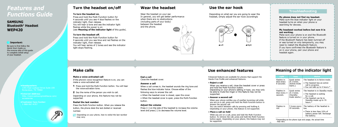 Samsung GH68-12483A WEP420, Turn the headset on/off, Wear the headset, Use the ear hook, Make calls, Use enhanced features 