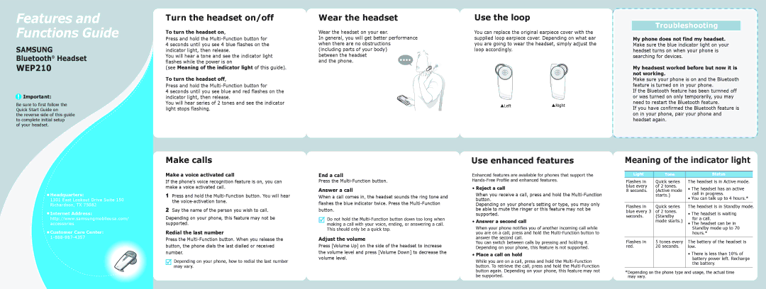 Samsung GH68-12949A quick start Turn the headset on/off, Wear the headset, Use the loop, Make calls, Use enhanced features 