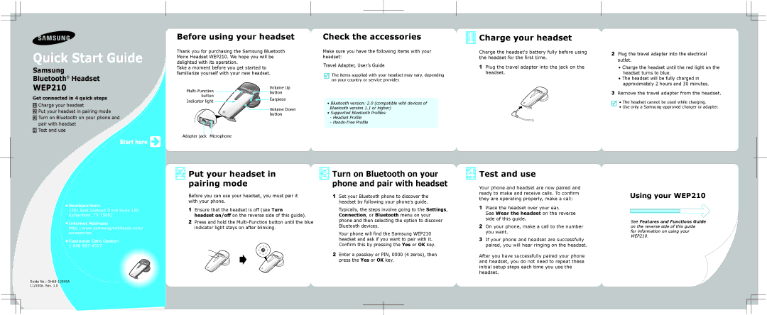 Samsung GH68-12949A quick start WEP210, Before using your headset, Check the accessories, Charge your headset, Test and use 