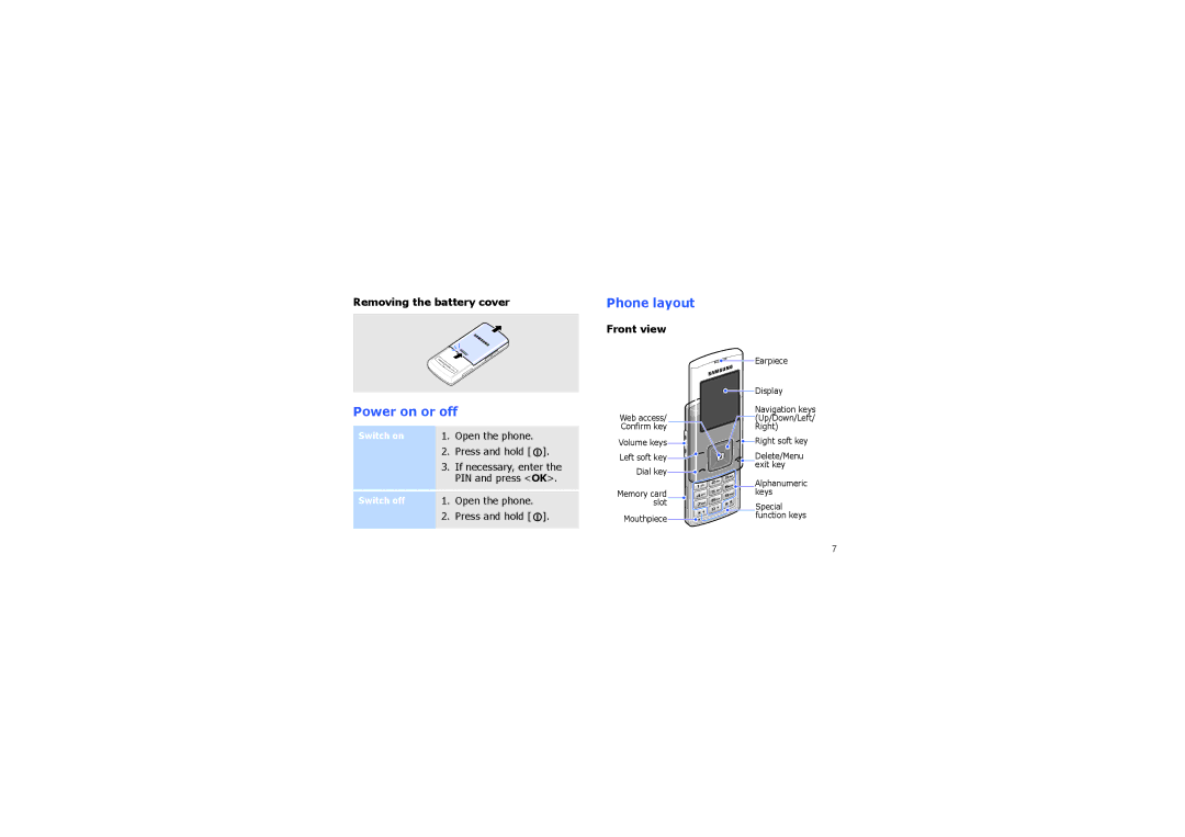 Samsung GH68-14886A manual Power on or off, Phone layout, Removing the battery cover, Front view 