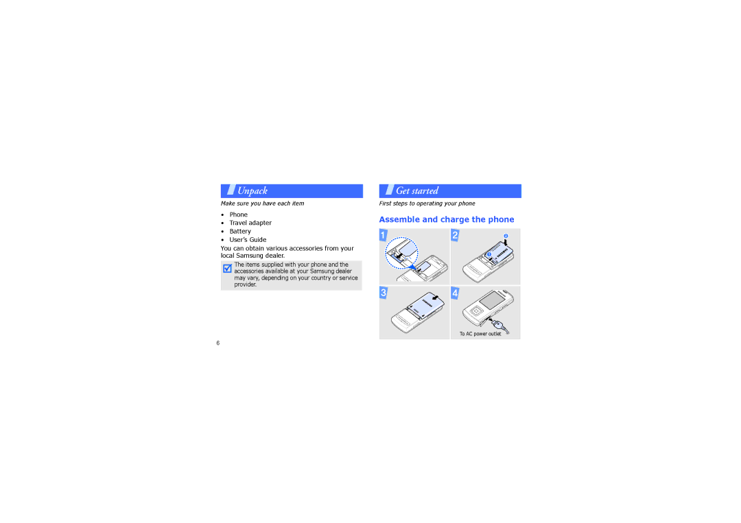 Samsung GH68-14886A manual Unpack, Get started, Assemble and charge the phone 