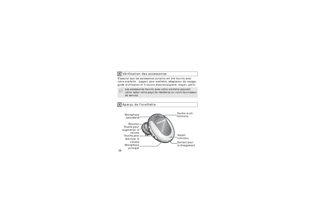 Samsung GH68-15048A manual Vérification des accessoires, Aperçu de loreillette 