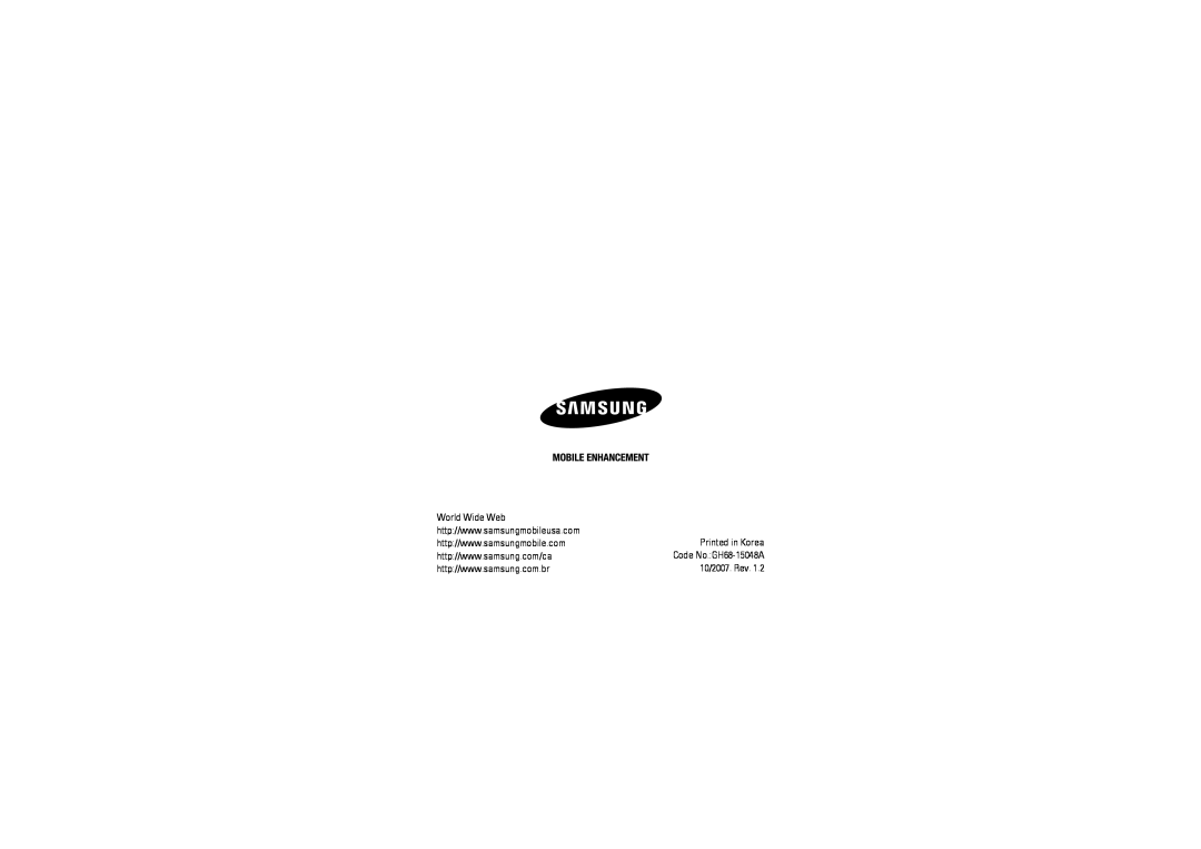 Samsung manual World Wide Web, Printed in Korea, 10/2007. Rev, Code No.:GH68-15048A 