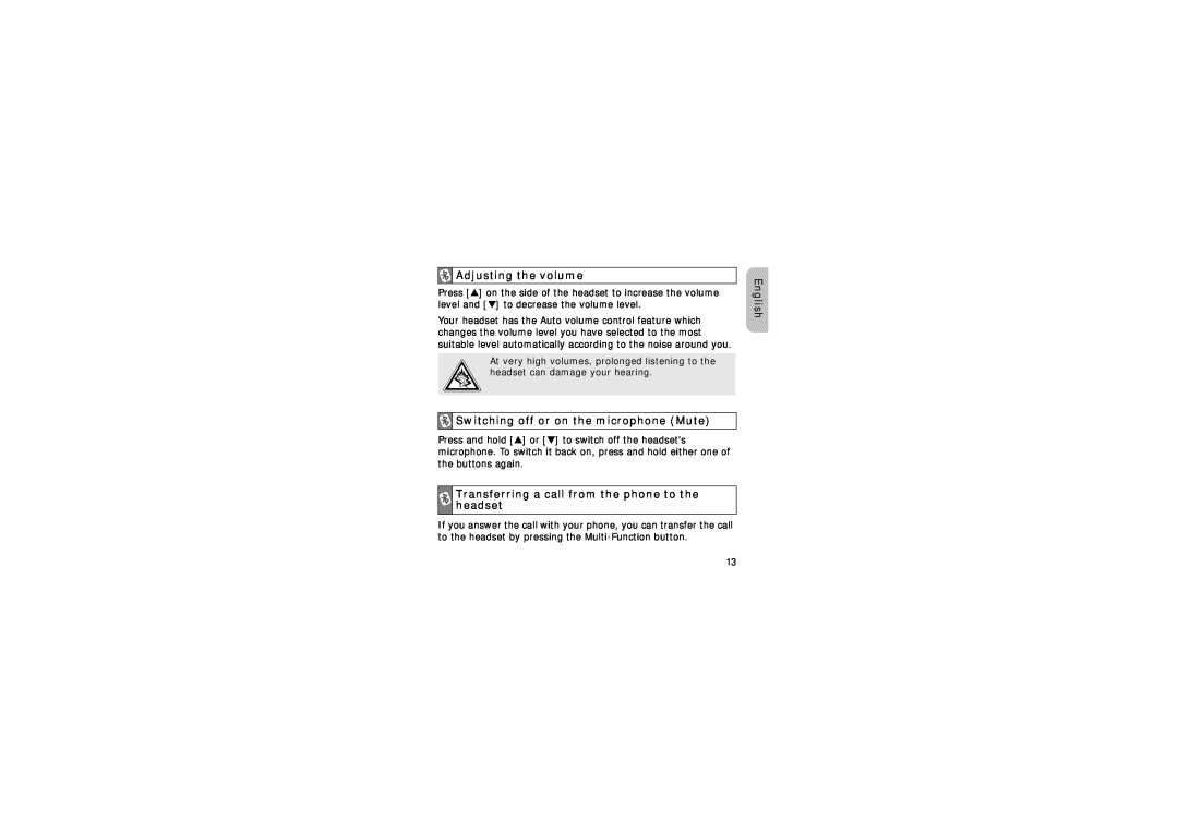 Samsung GH68-15048A manual Adjusting the volume, Switching off or on the microphone Mute, English 