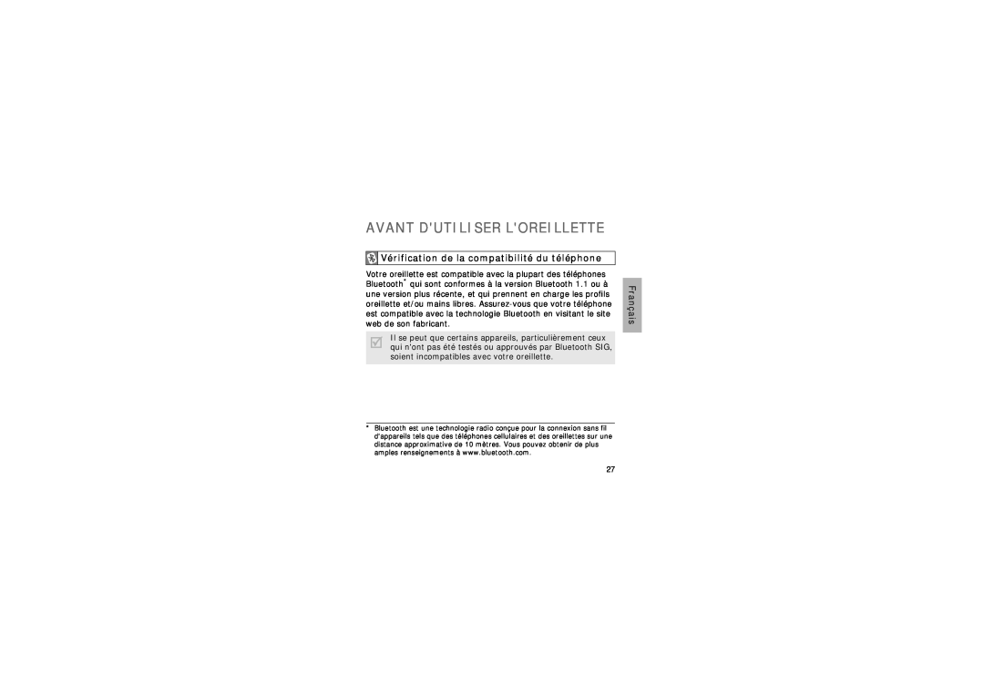 Samsung GH68-15048A manual Avant Dutiliser Loreillette, Vérification de la compatibilité du téléphone, Français 